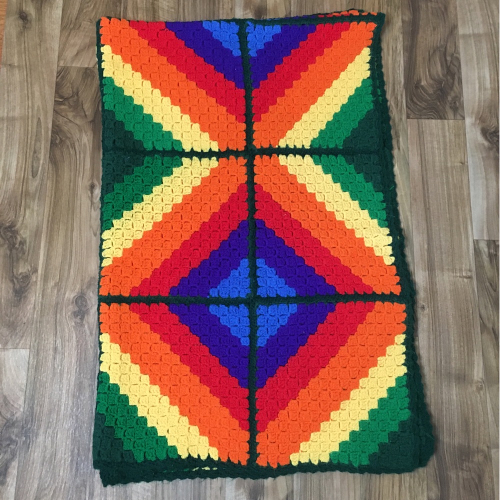 Vintage Crochet Acrylic Rainbow Handmade Diamond Pattern Blanket 72”X46”